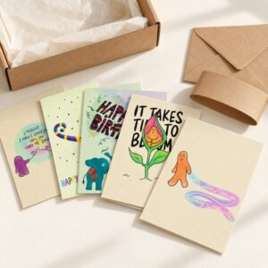 Vijf verschillende Light Dots-kaartjes op een stapeltje naast een geopend kraftdoosje en enveloppen.