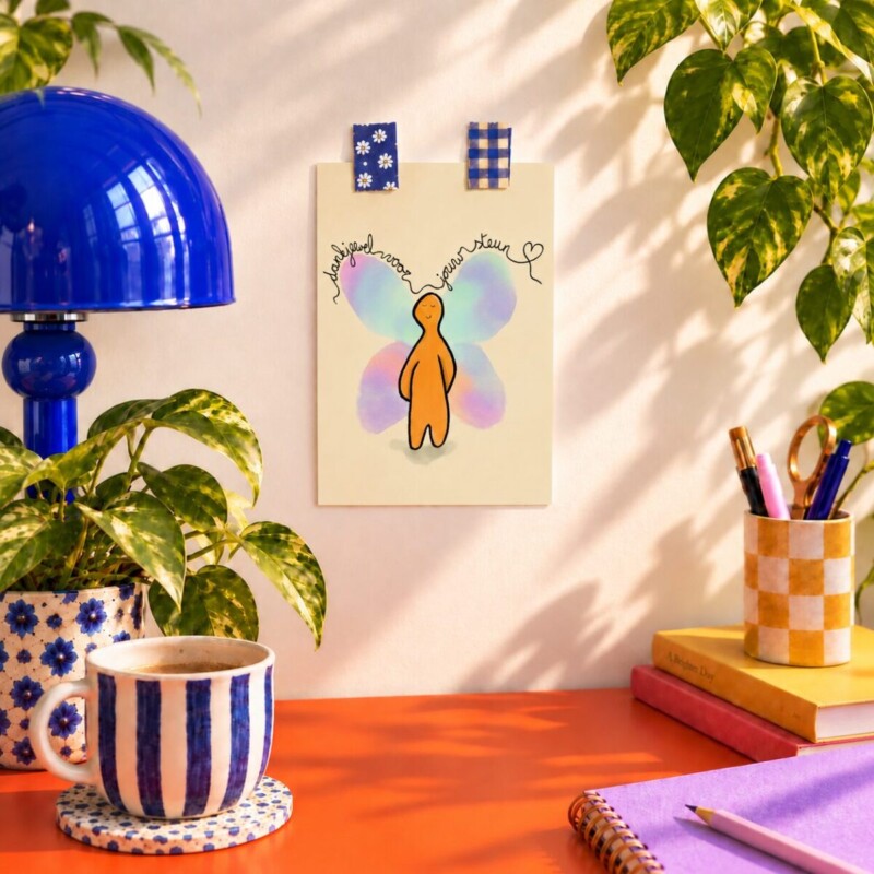 Kaart Dankjewel voor jouw steun aan de muur boven een oranje bureau, naast een blauwe lamp en planten.