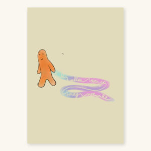 Oranje figuurtje met kleurrijk lint en de tekst Alles van jou mag mee