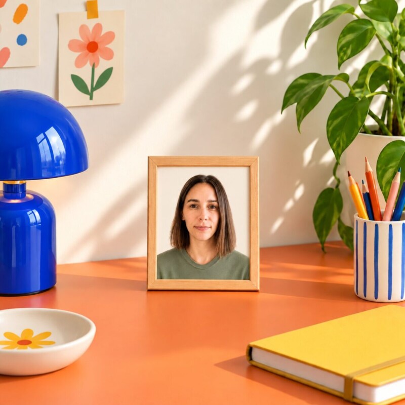 Portret van Annabel in een klein houten fotokader op een kleurrijk bureau