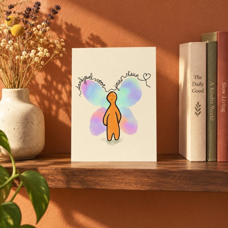 Bedankkaart Dankjewel voor jouw steun op een houten wandplank naast bloemen en boeken.