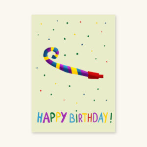 Happy Birthday-kaart met een gestreepte feesttoeter, kleurrijke confetti en letters op een lichtgroene achtergrond.